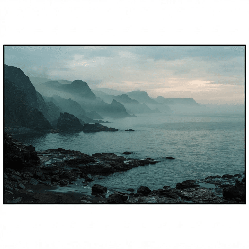 Layered coastal headlands receding into dawn fog